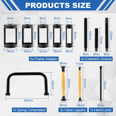 Loksun parts laid out displaying five pushers, rods, lappers and C-clamp for easy selection