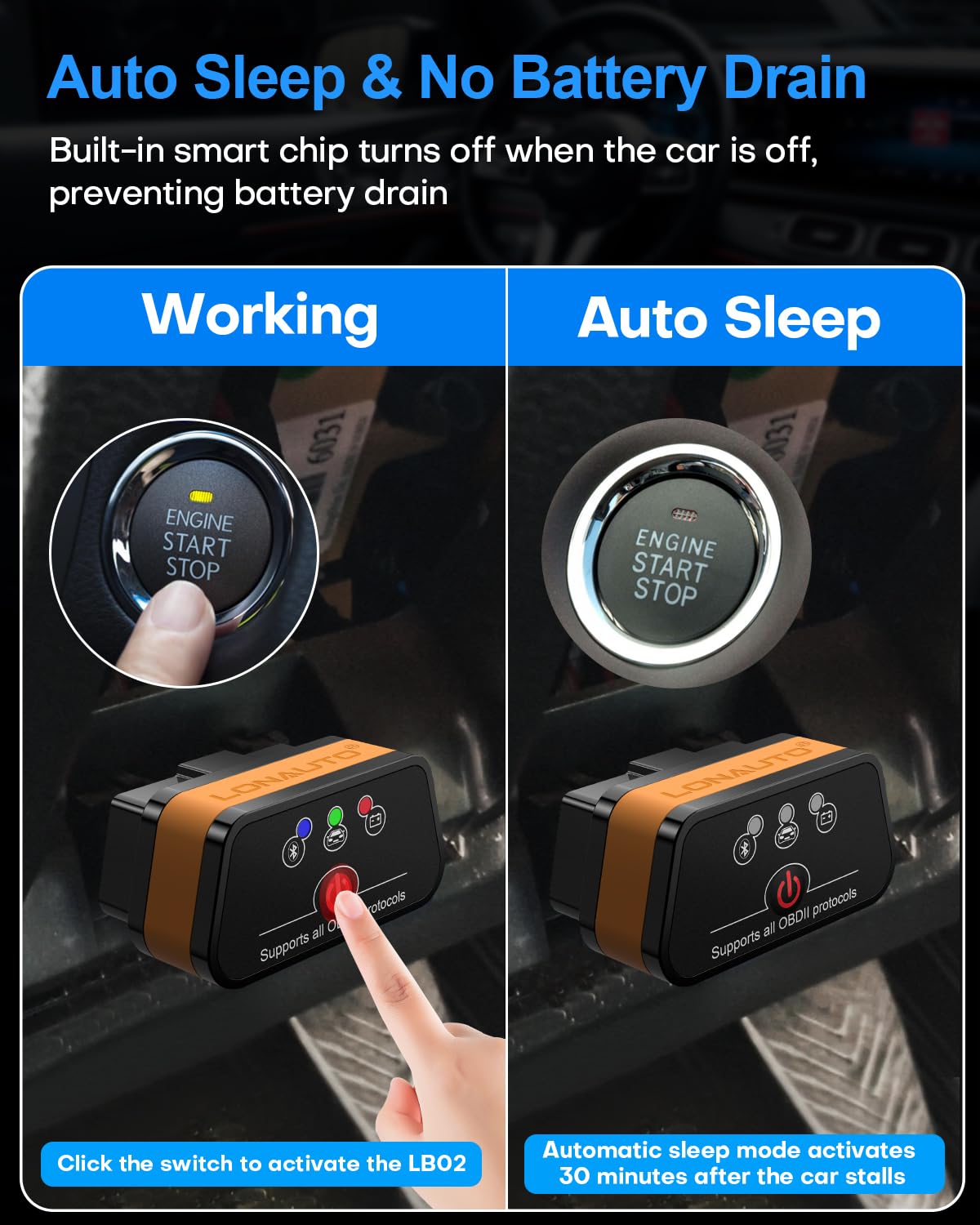 LONAUTO LB02 plugged into car OBD2 port demonstrating easy installation