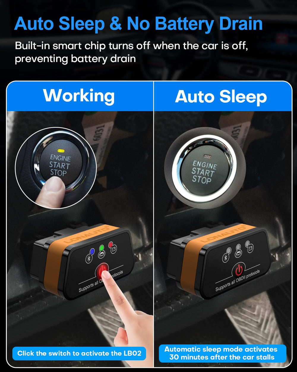 LONAUTO LB02 plugged into car OBD2 port demonstrating easy installation