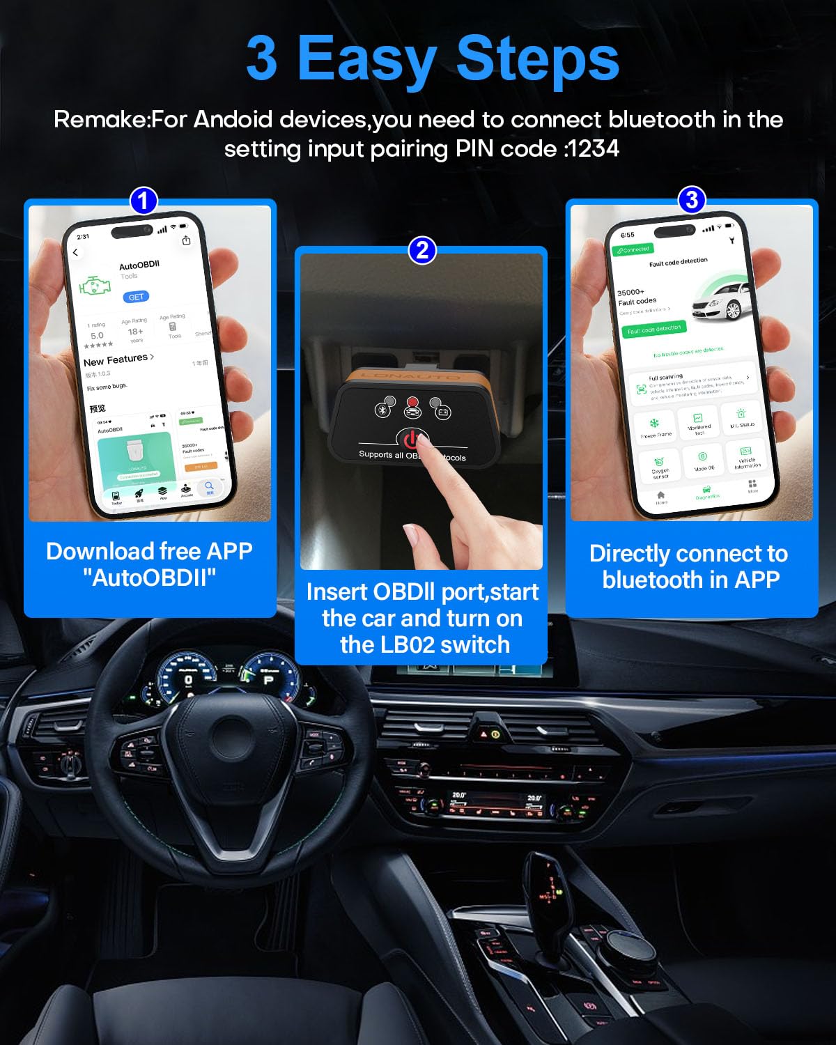 LONAUTO LB02 paired with smartphone displaying live engine data benefits