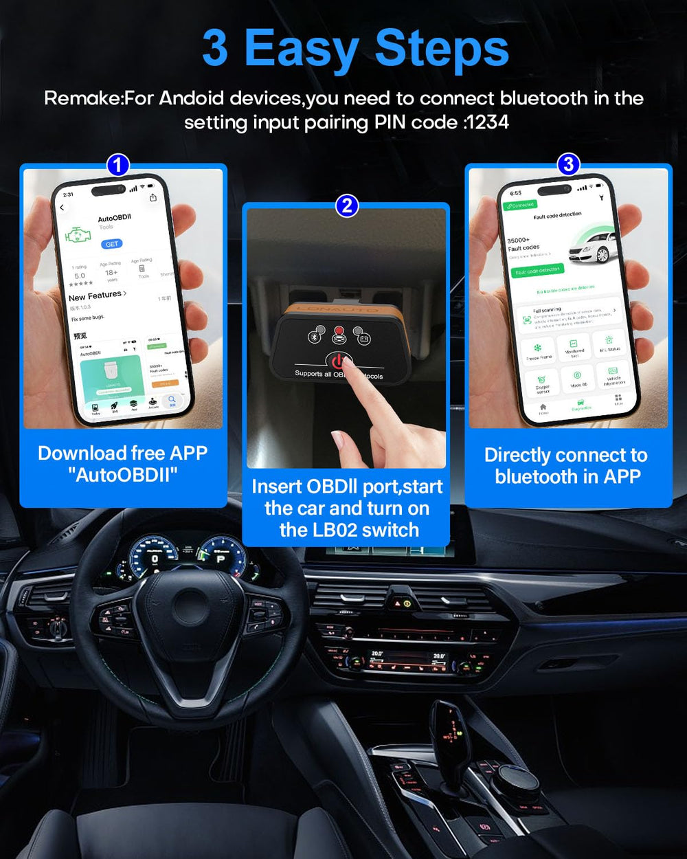 LONAUTO LB02 paired with smartphone displaying live engine data benefits
