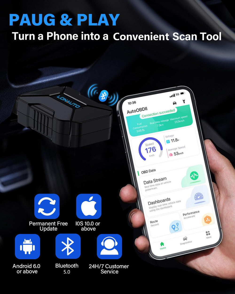 LONAUTO LB03 with AutoOBDII app live data on phone showing real-time monitoring
