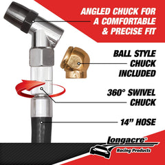 Longacre gauge angle and ball chuck in use reaching awkward valve stems
