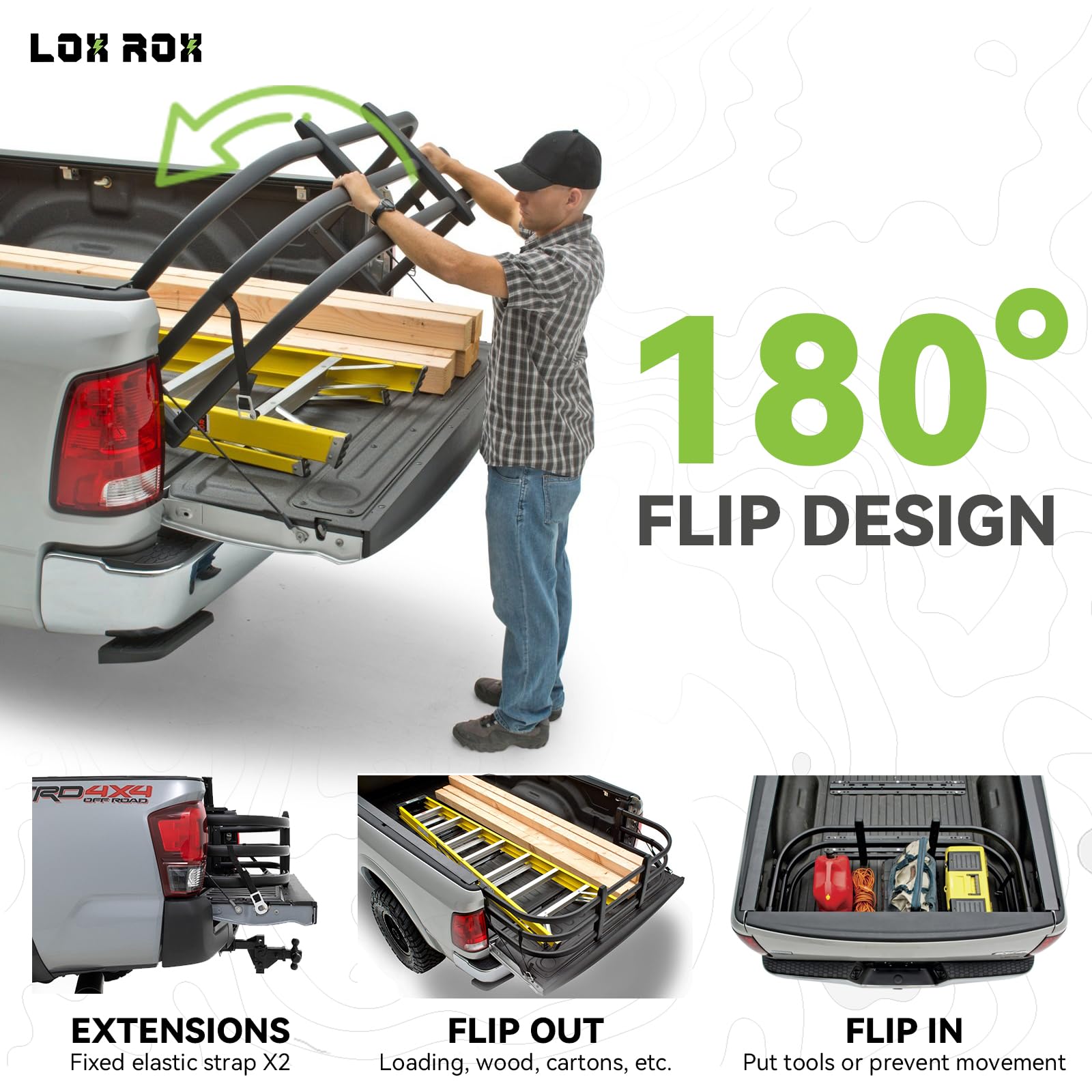 LOX ROX flipped outside the tailgate extending bed length for long loads benefit