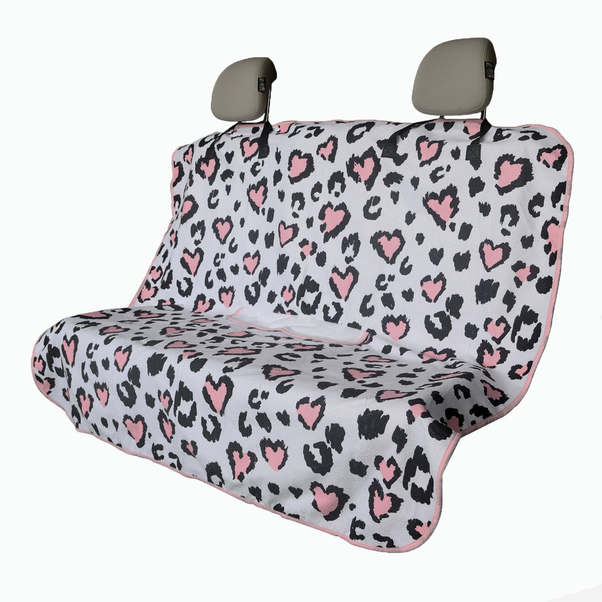 LoyaGour front seat cover full view showing leopard print and coverage benefit