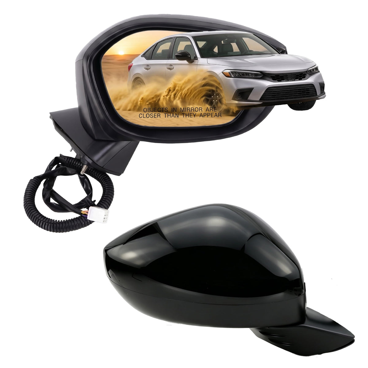 Lqito passenger mirror front view showing Crystal Black Pearl finish and factory fit