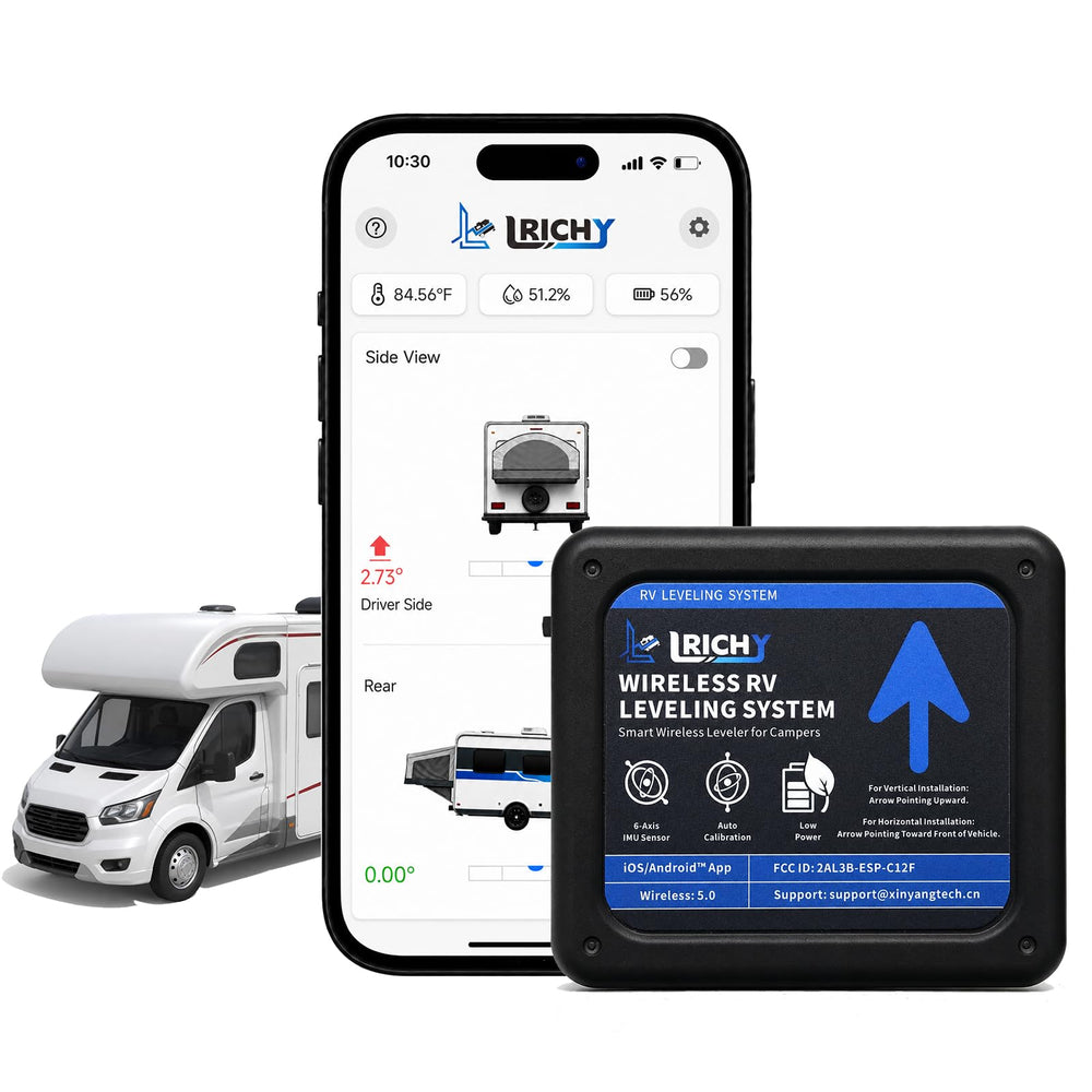 Lrichy front view of the wireless leveler showing compact profile and quick install benefit