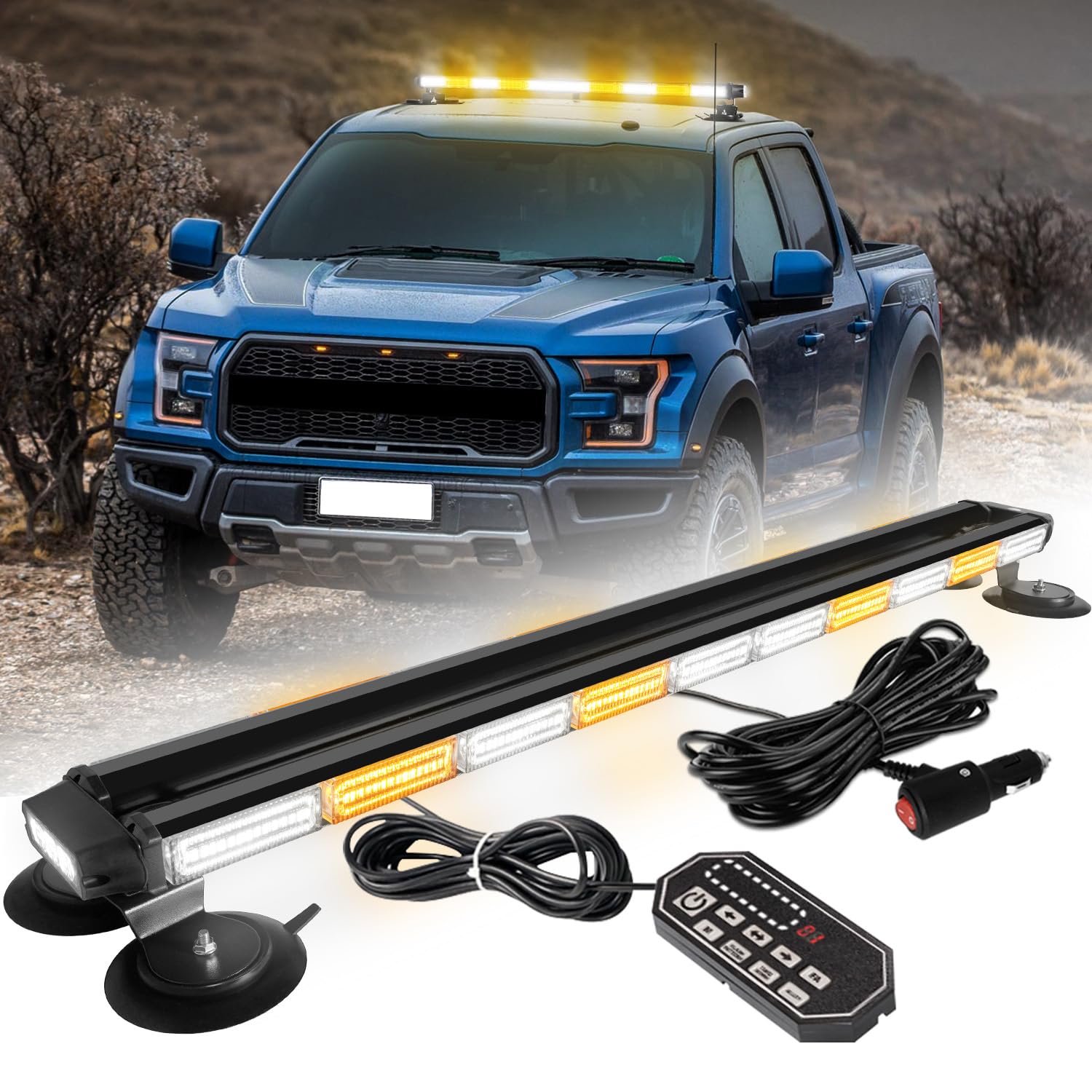 LRTER front view of 42-inch light bar showing amber and white LEDs for high visibility