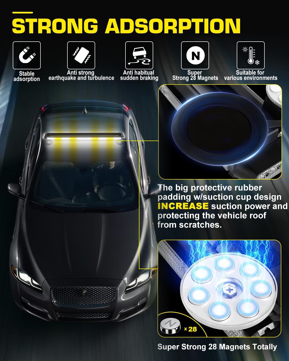 LRTER strobe light mounted on truck roof demonstrating quick temporary installation