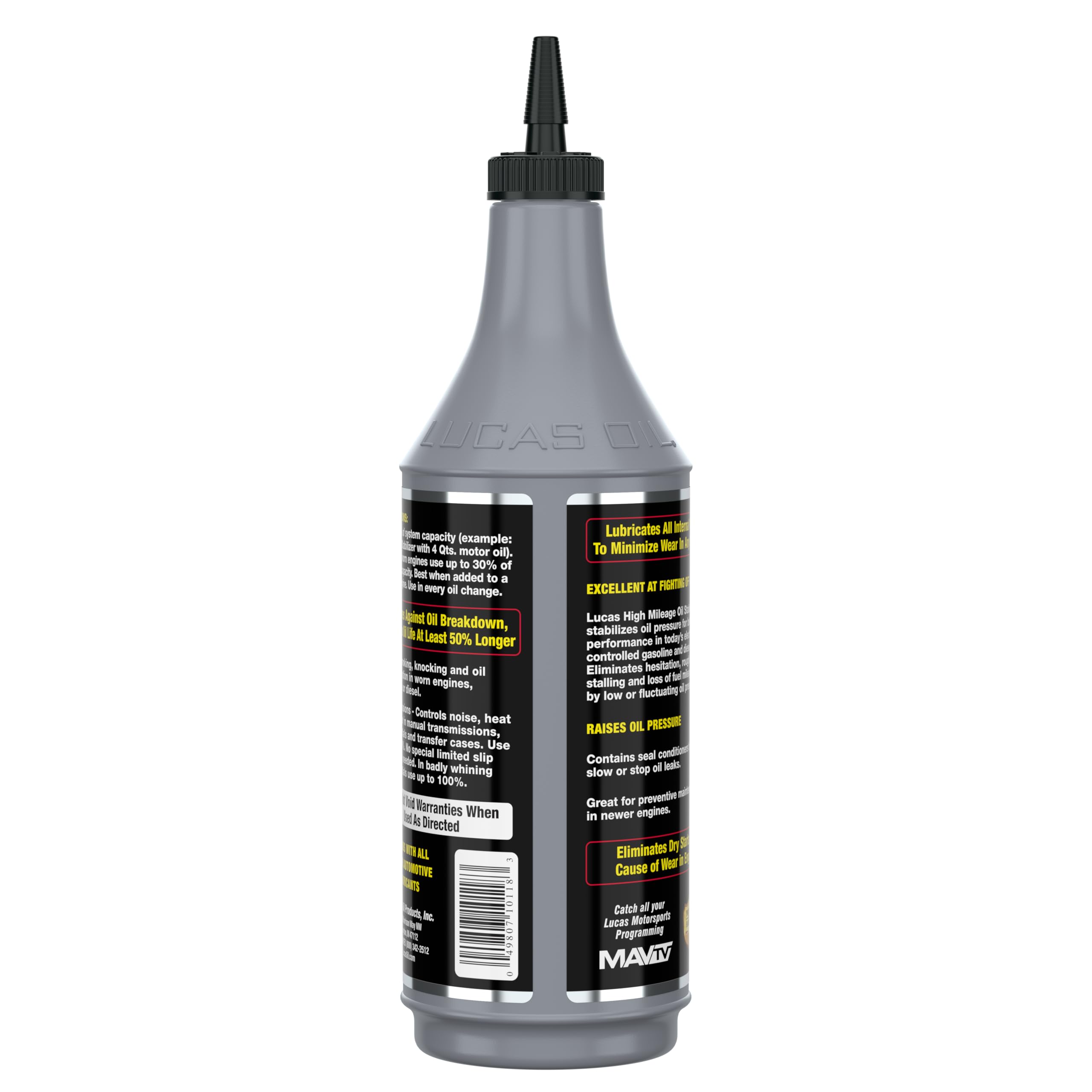 Close-up of LUCAS OIL bottle texture and cap highlighting quality