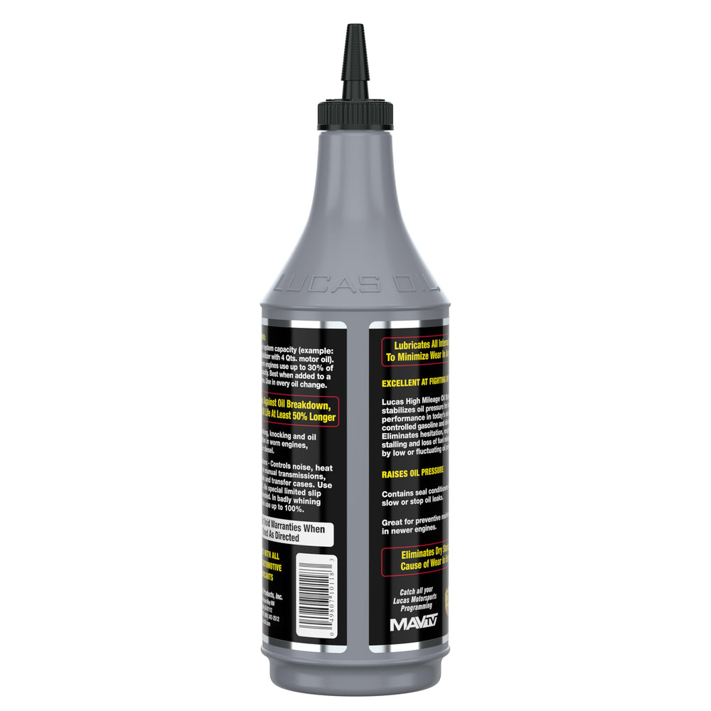 Close-up of LUCAS OIL bottle texture and cap highlighting quality