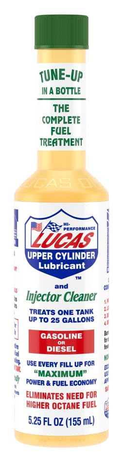 Three Lucas Oil injector cleaner bottles arranged to show stepwise treatment and lubrication benefit