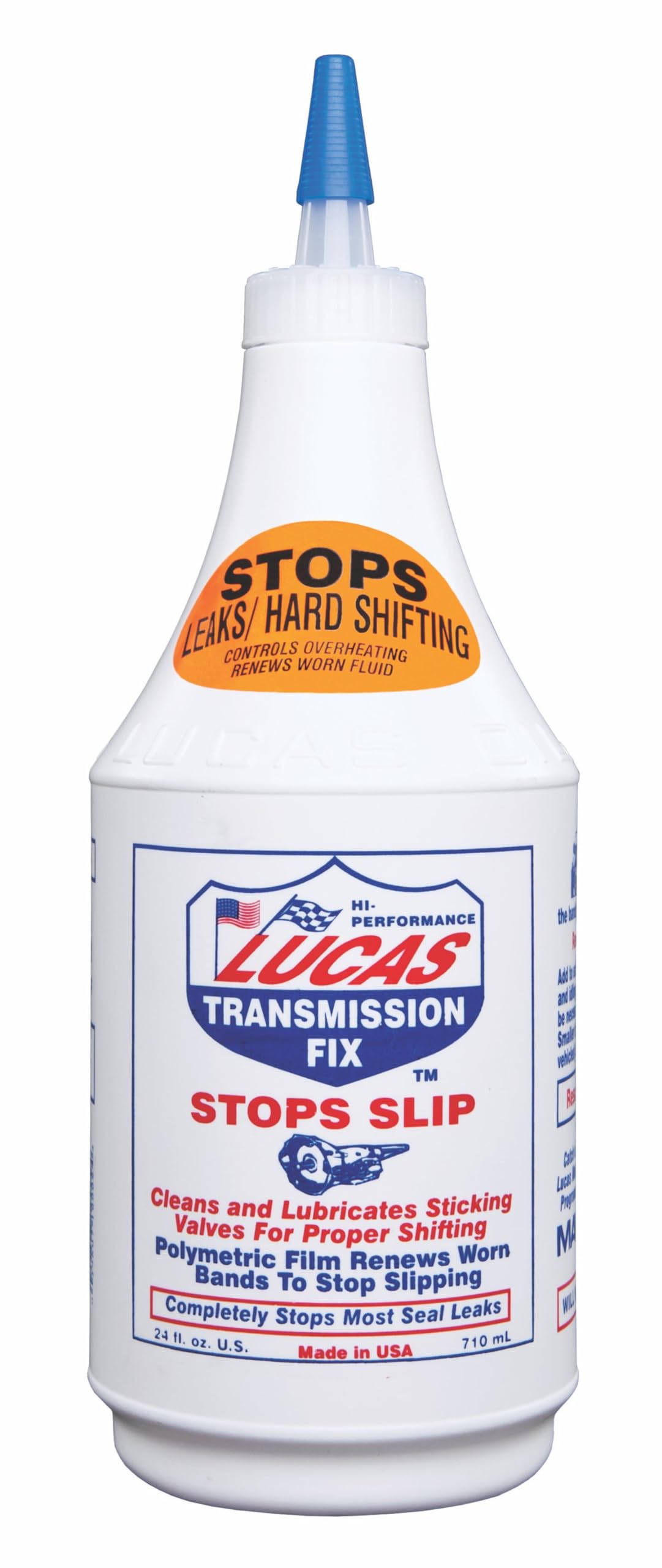 Lucas Oil transmission fix front bottle view showing label and benefits
