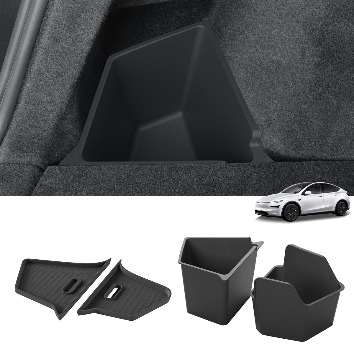 LUCKEASY front view of both rear trunk bins showing OEM fit and neat storage