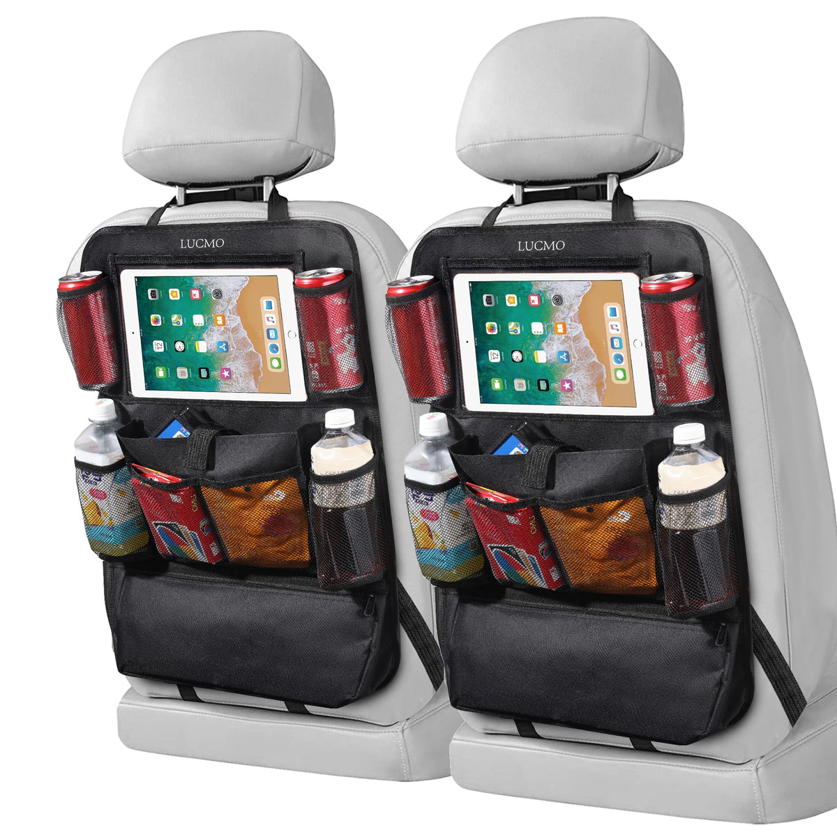 LUCMO front view of organizer showing pockets and neat storage benefit