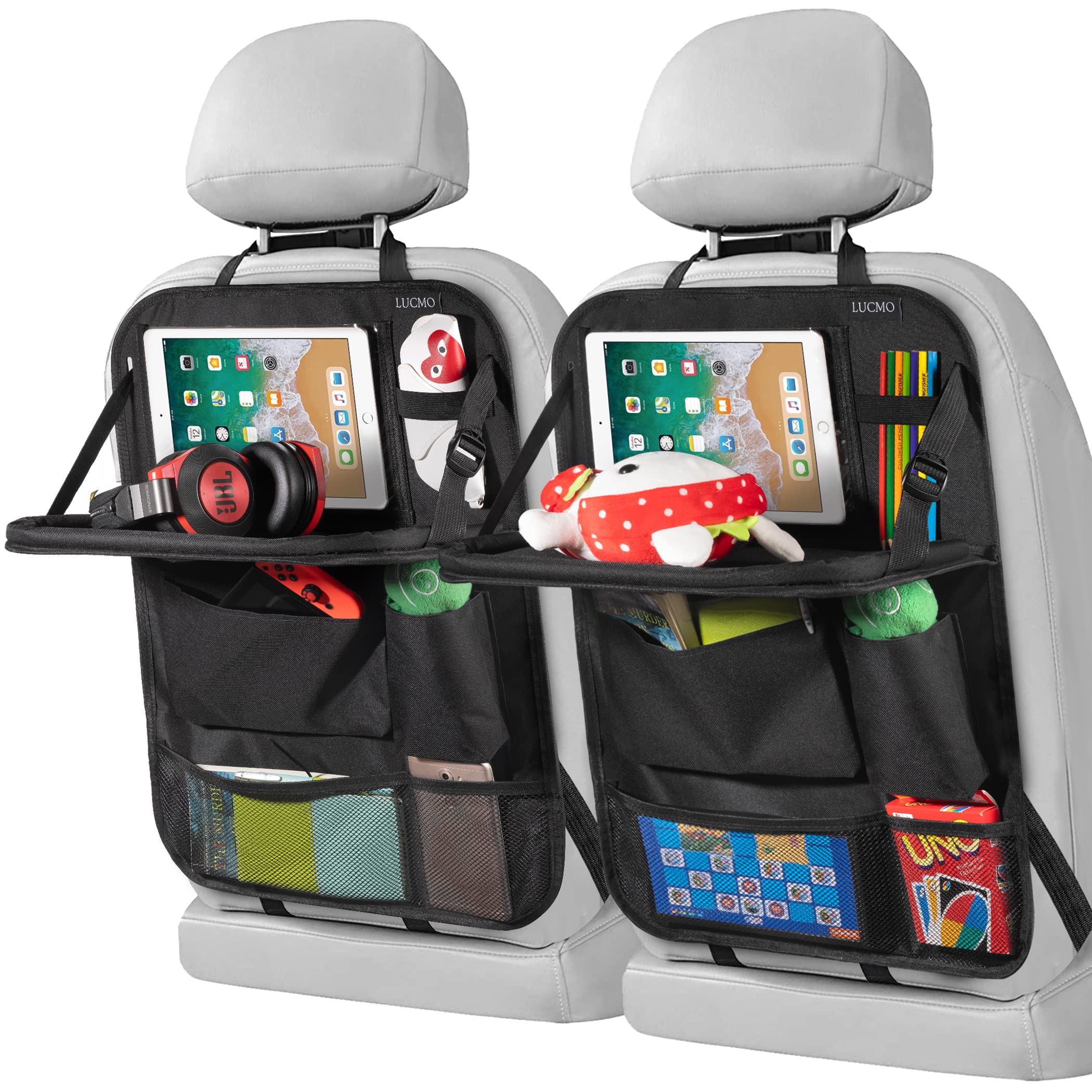 LUCMO front view of seatback organizer showing pockets and tidy storage, convenient organization