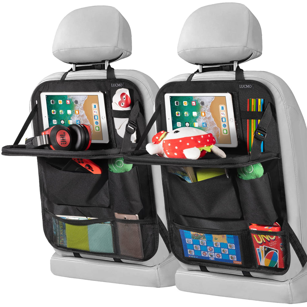 LUCMO front view of seatback organizer showing pockets and tidy storage, convenient organization