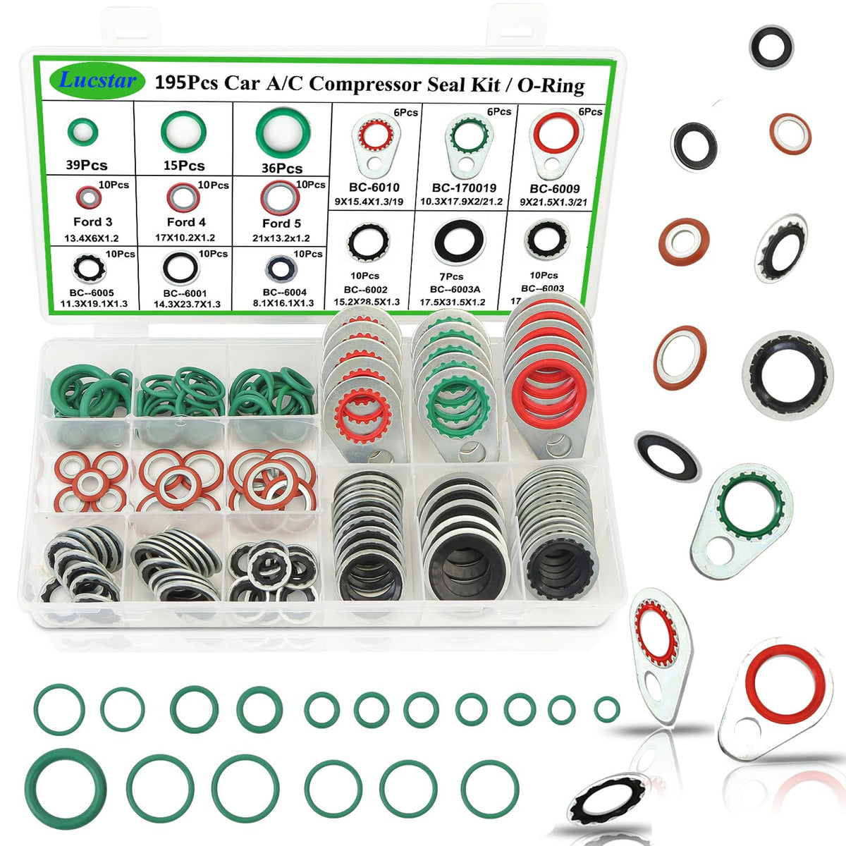 Lucstar front packaging showing complete 195PCS AC seal kit and benefits