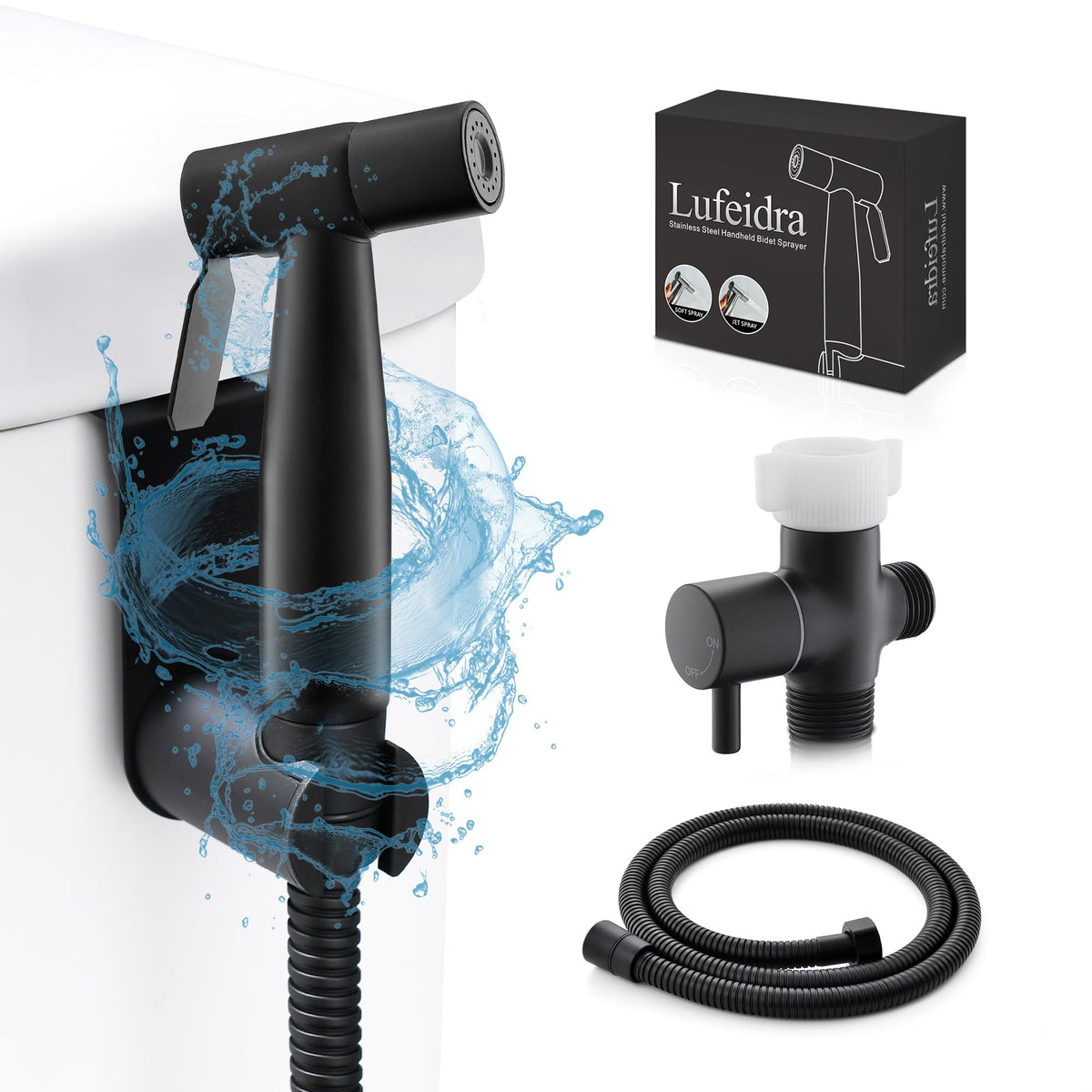 LUFEIDRA matte black sprayer front view shows sleek finish and modern style