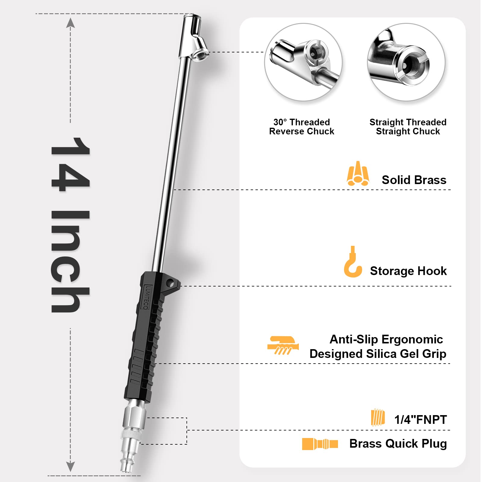 LUMITECO 14-inch extended rod angled view demonstrating reach advantage