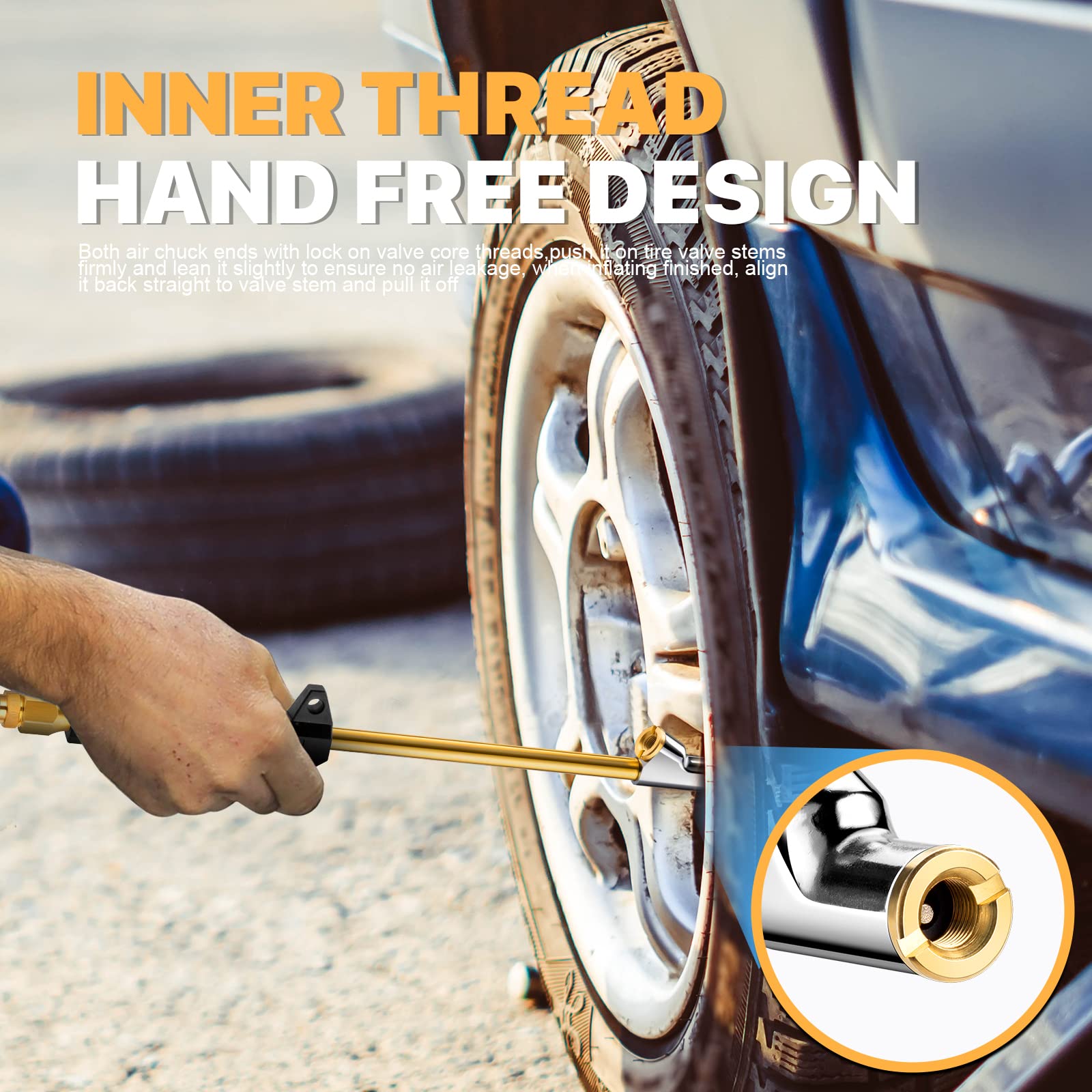 LUMITECO chuck attached to hose inflating a truck dual wheel showing hands-free operation