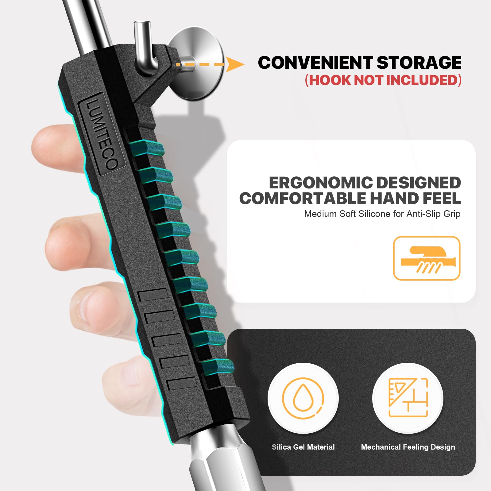 LUMITECO rubber grip with hook close-up for comfortable non-slip handling