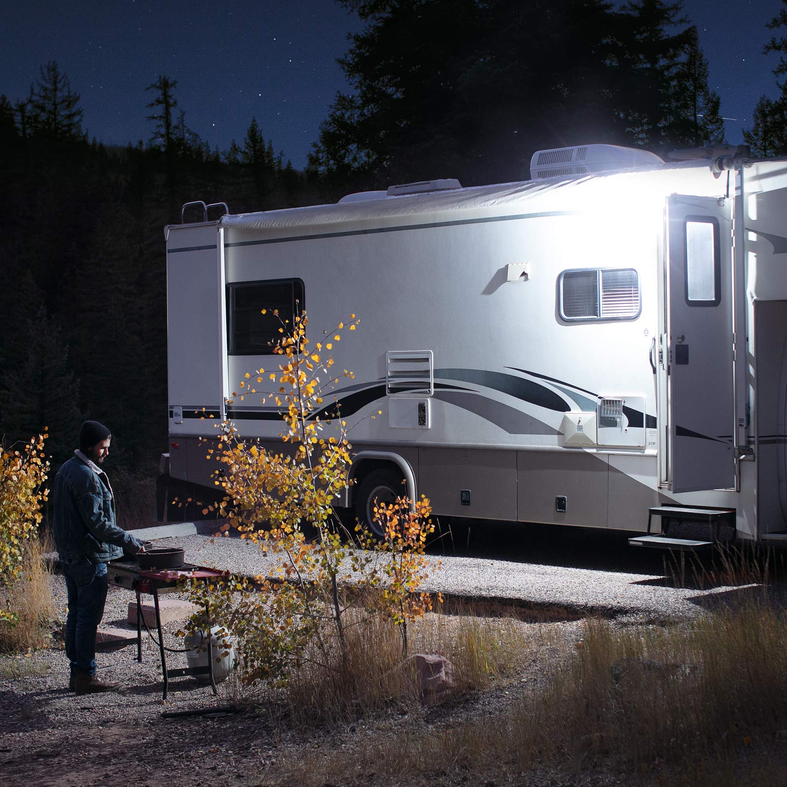 Lumitronics lighting an awning at night offering wide-area safety benefit