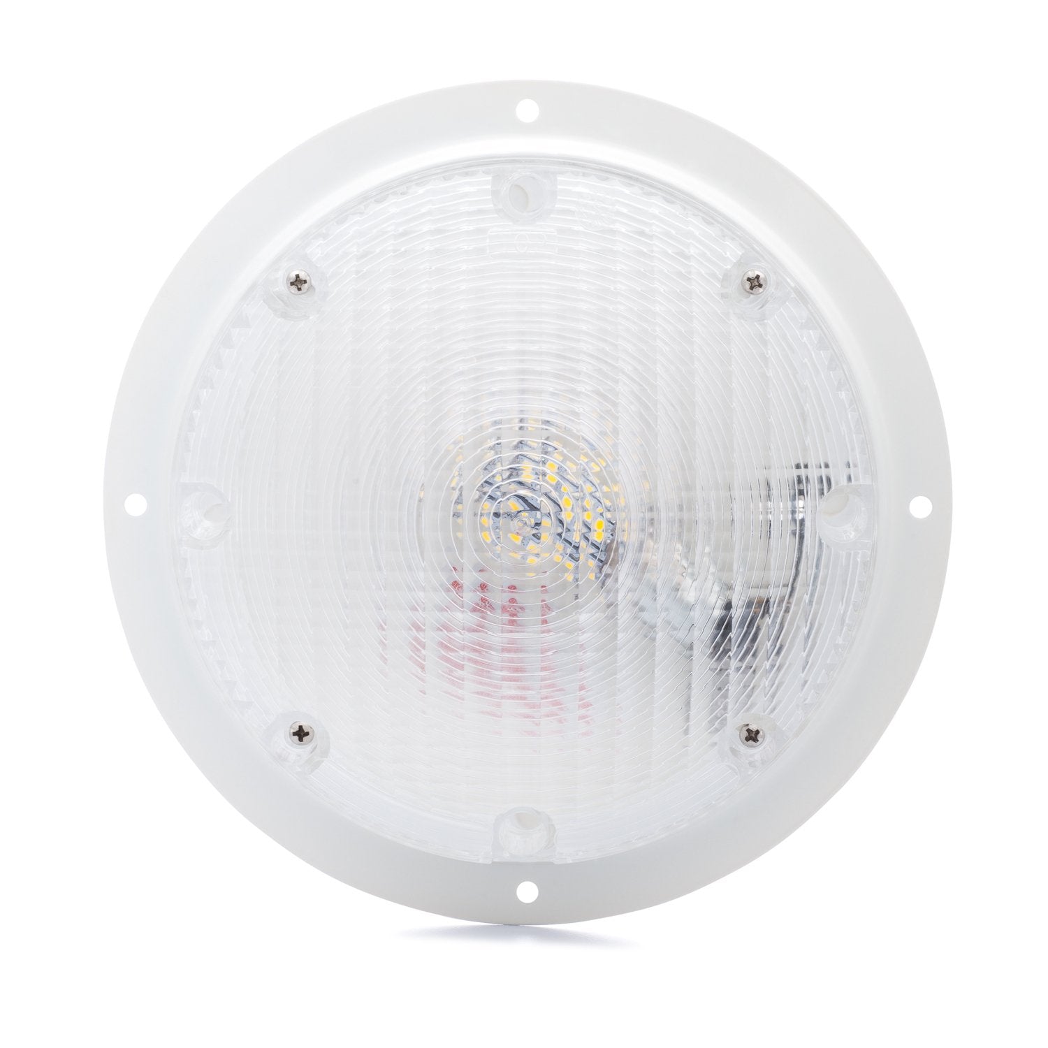 Lumitronics front view of round white surface mount light showing clean design and benefit