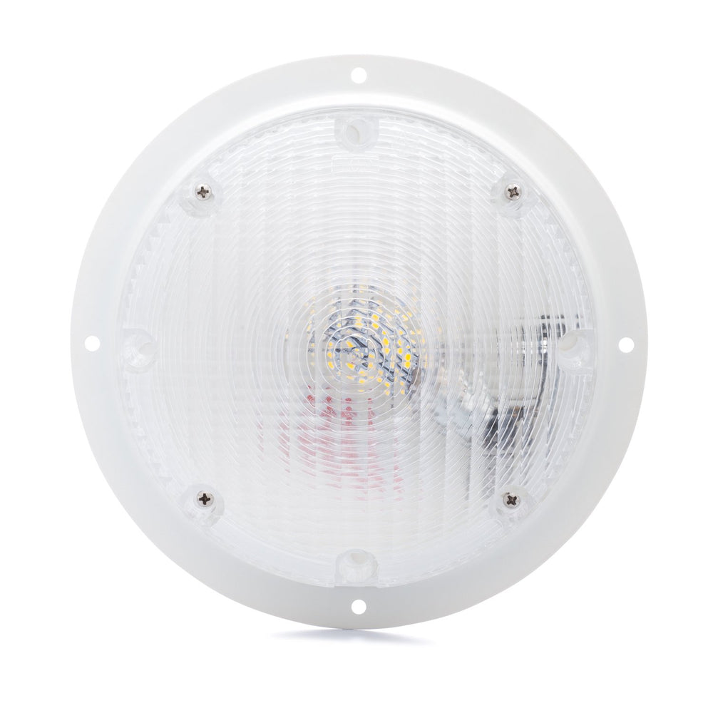Lumitronics front view of round white surface mount light showing clean design and benefit