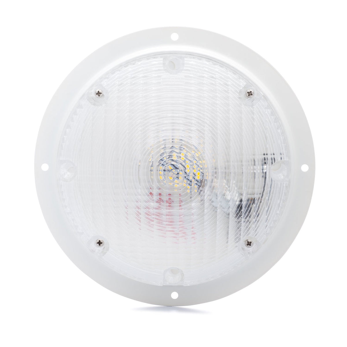 Lumitronics front view of round white surface mount light showing clean design and benefit