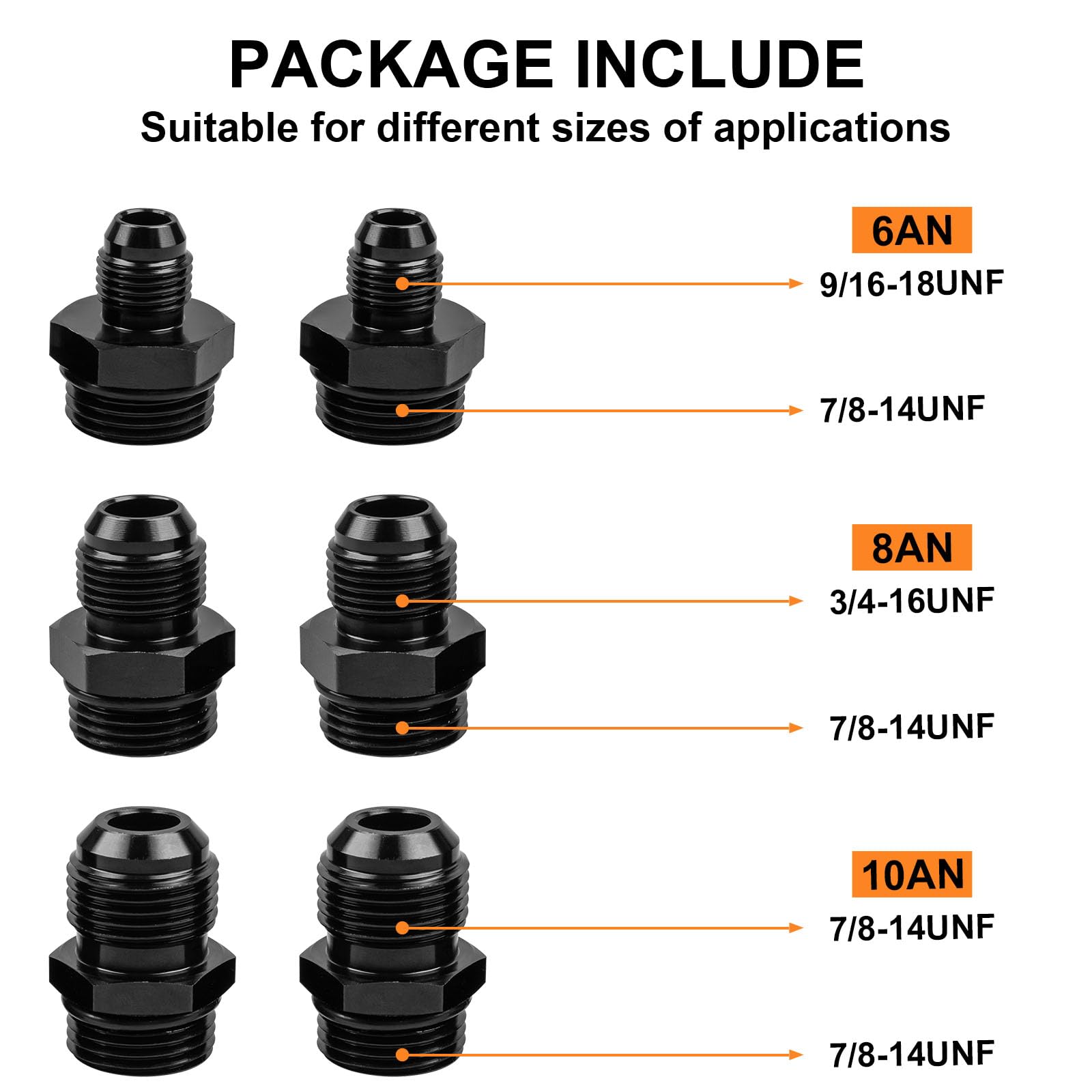 Luney AN adapters laid out with fittings and sizes visible for flexible connection options