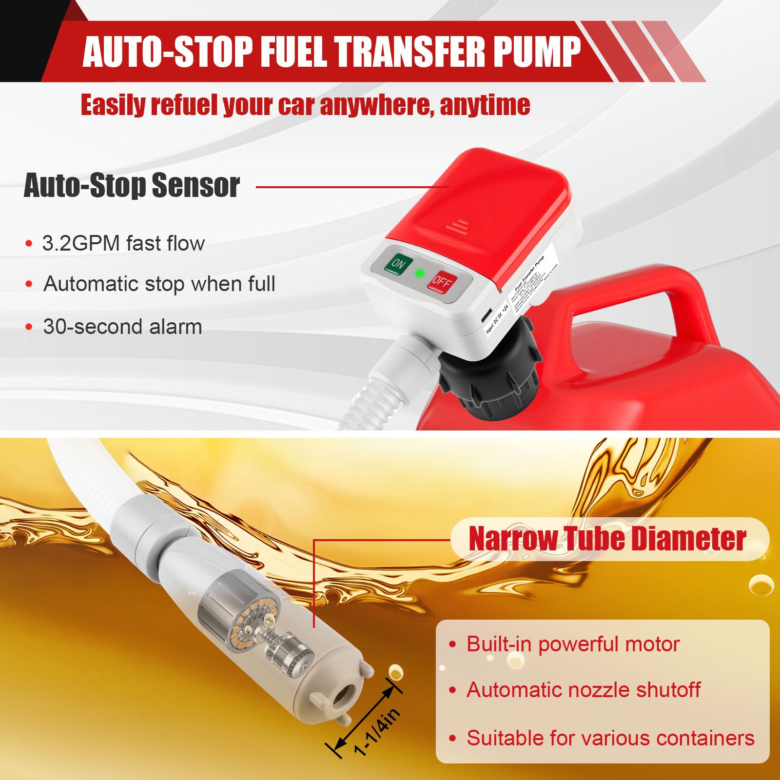 Luney nozzle close-up with auto-stop sensor preventing spills
