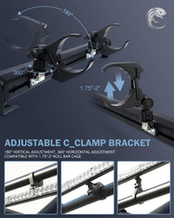 Lupar adjustable bracket detail demonstrating clamp fit for 1.75 to 2 inch roll cages and secure mounting