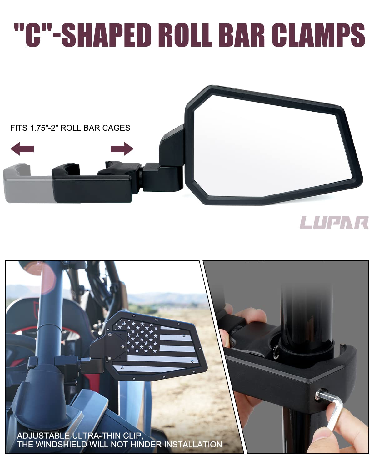 Lupar adjustable C-clamp bracket mounted on roll cage illustrating easy tool-based installation