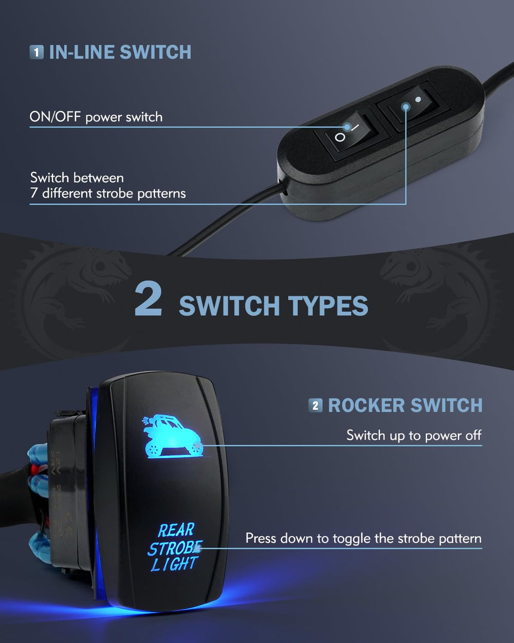 Lupar included rocker and power controllers for quick mode switching and independent light control