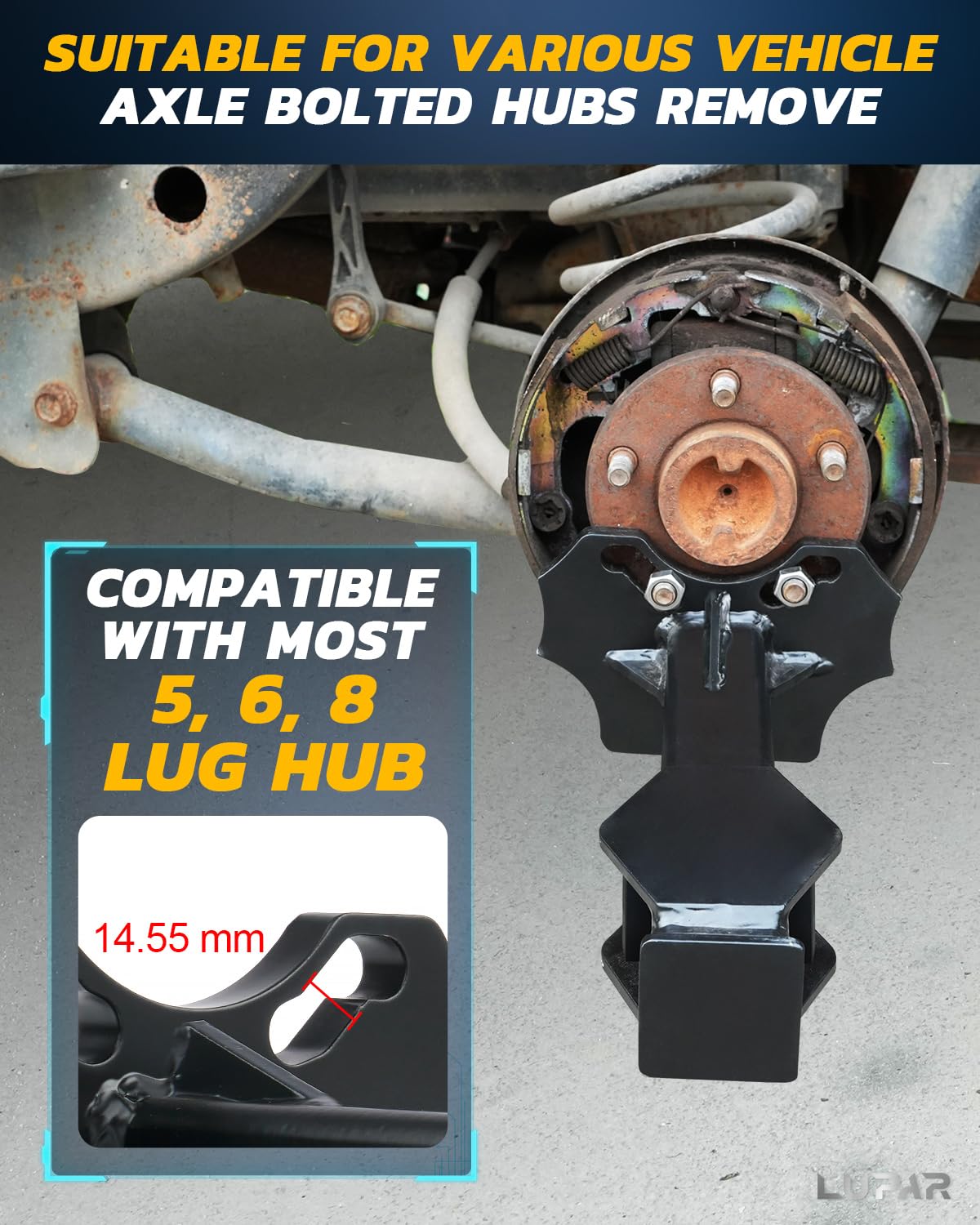 Lupar puller in use removing a wheel hub, showing safe, controlled extraction
