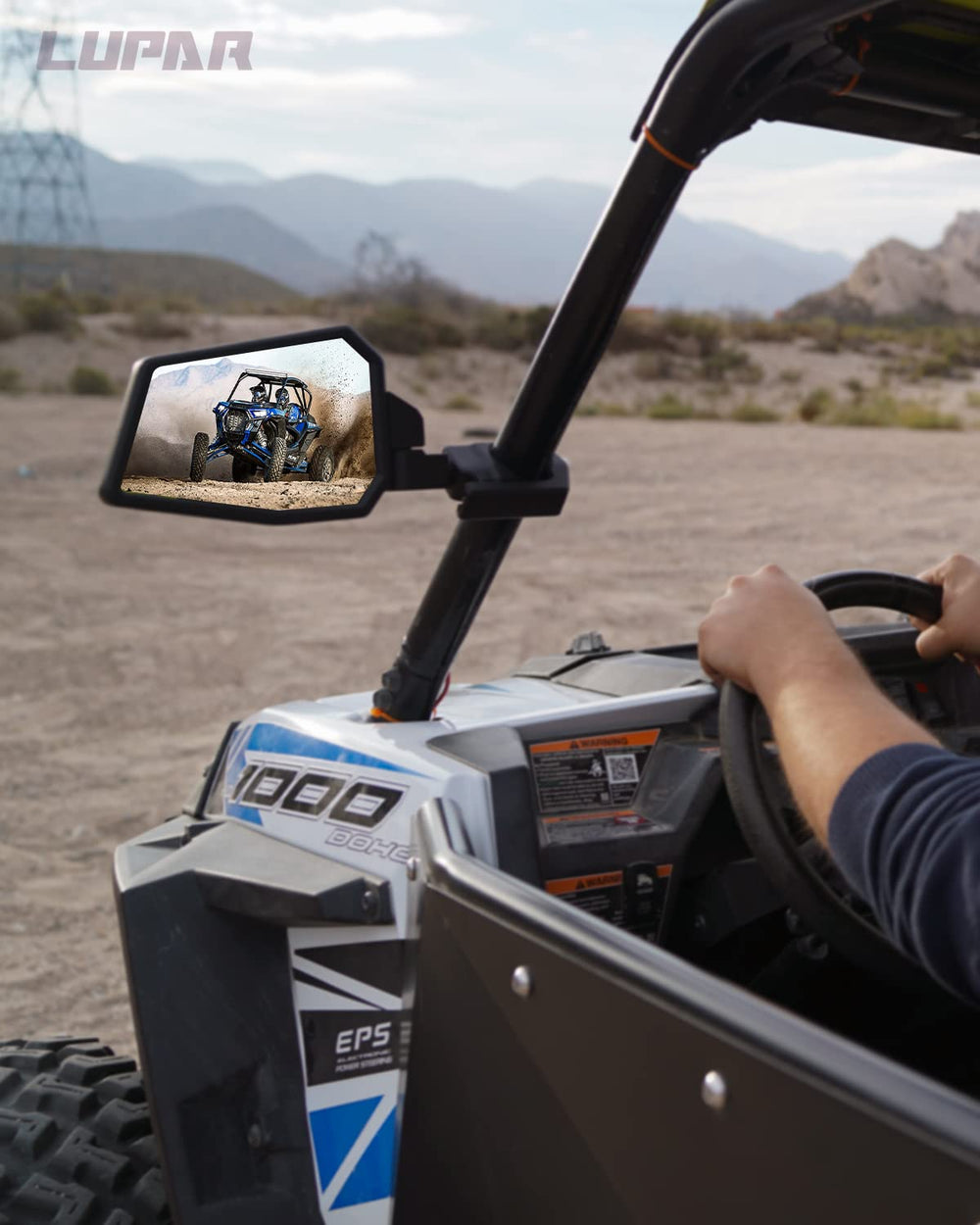 Lupar mirror on UTV trail ride showing patriotic finish and durable off-road performance
