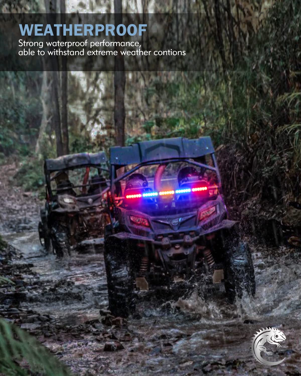 Lupar rear chase light illuminated on UTV at night demonstrating enhanced group visibility and safety