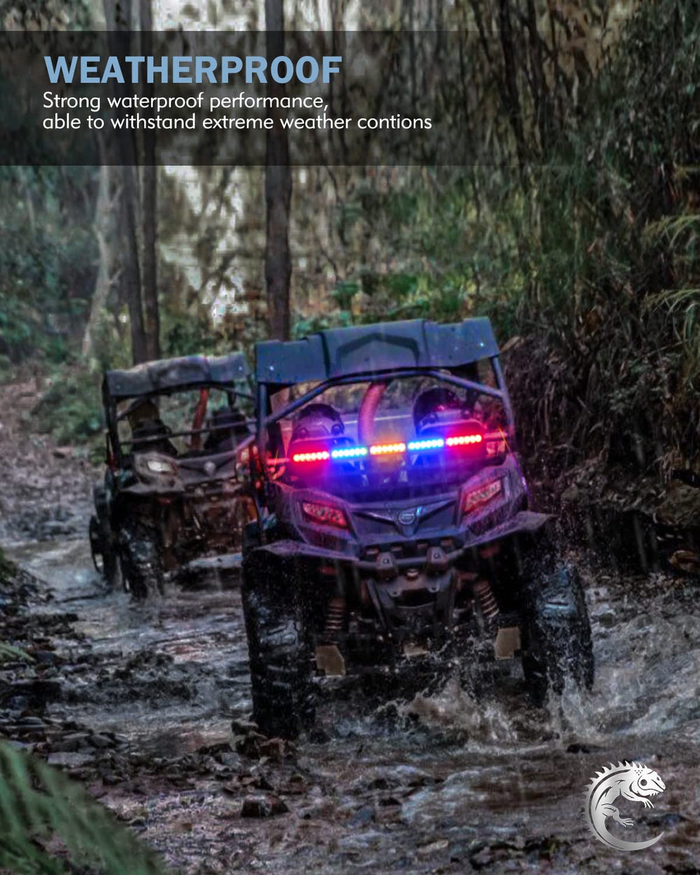 Lupar rear chase light illuminated on UTV at night demonstrating enhanced group visibility and safety