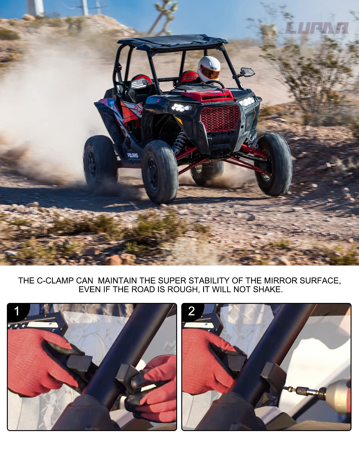 Lupar mirror mounted on roll cage for size comparison showing compatibility with 1.75"–2" tubing