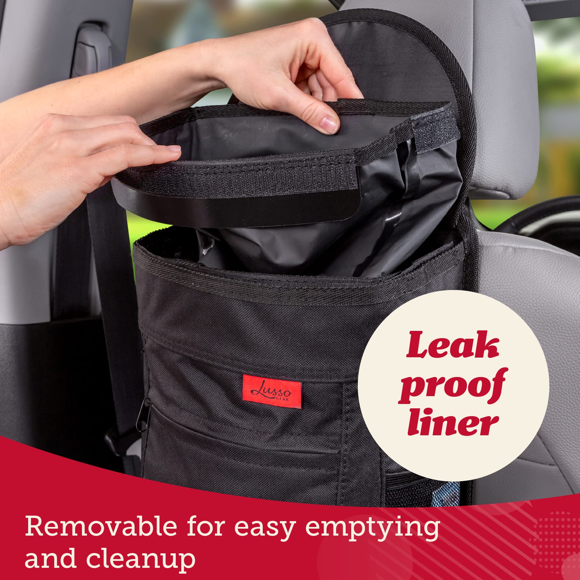 Lusso Gear installed on front seat headrest demonstrating hands‑free access