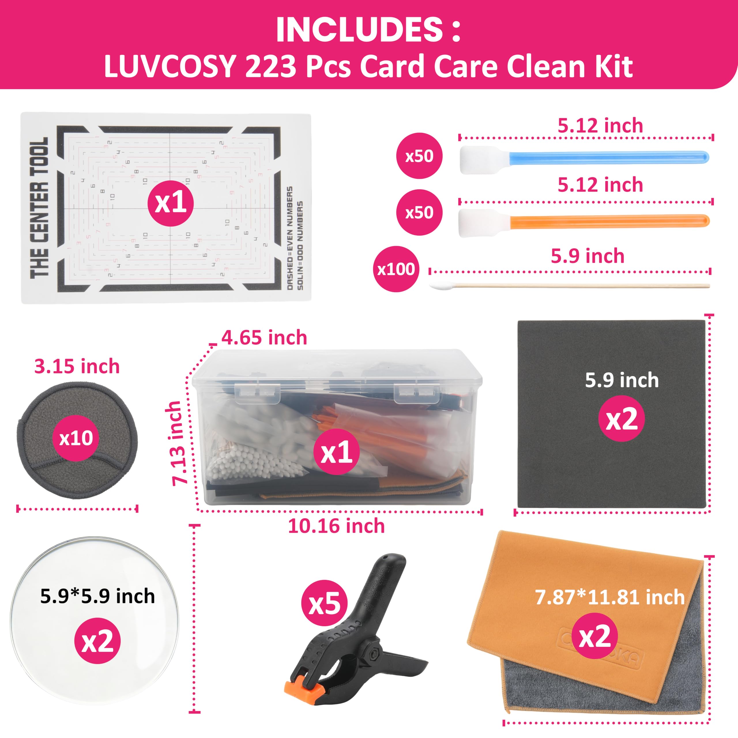 LUVCOSY kit contents laid out to display included swabs, discs, clips and case benefits