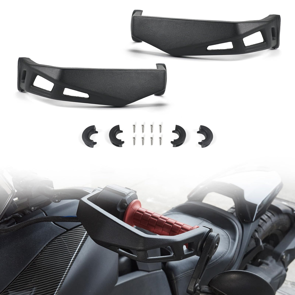 LUXEMOTO front view of handguards showing robust protection and clean design