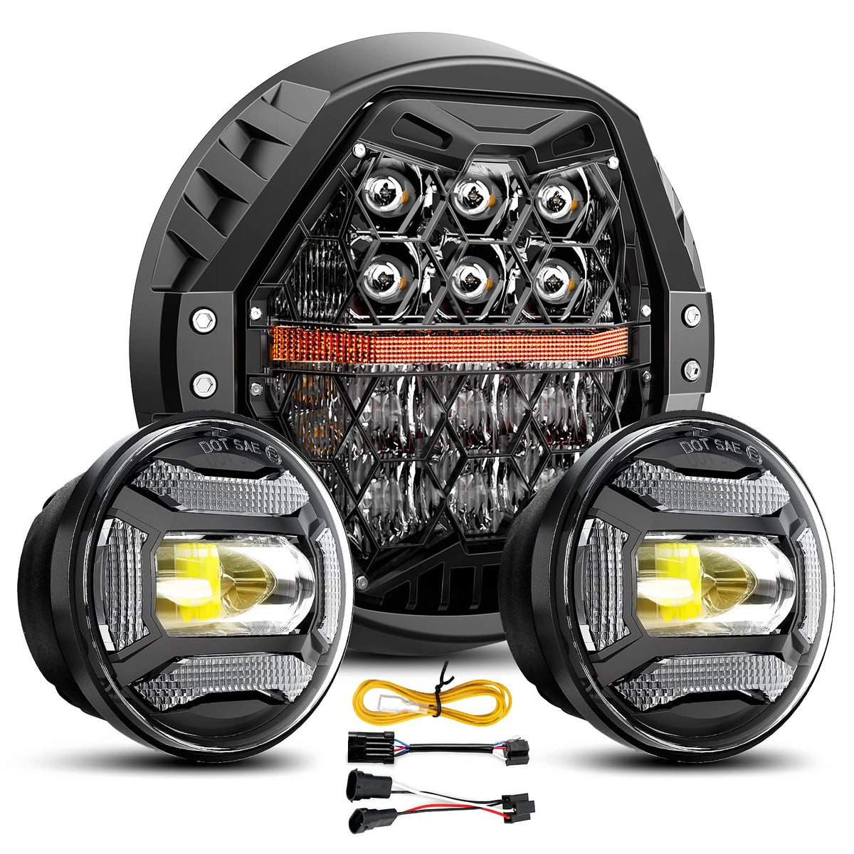 LX-LIGHT 7-inch headlight front view showing bright beam and improved visibility