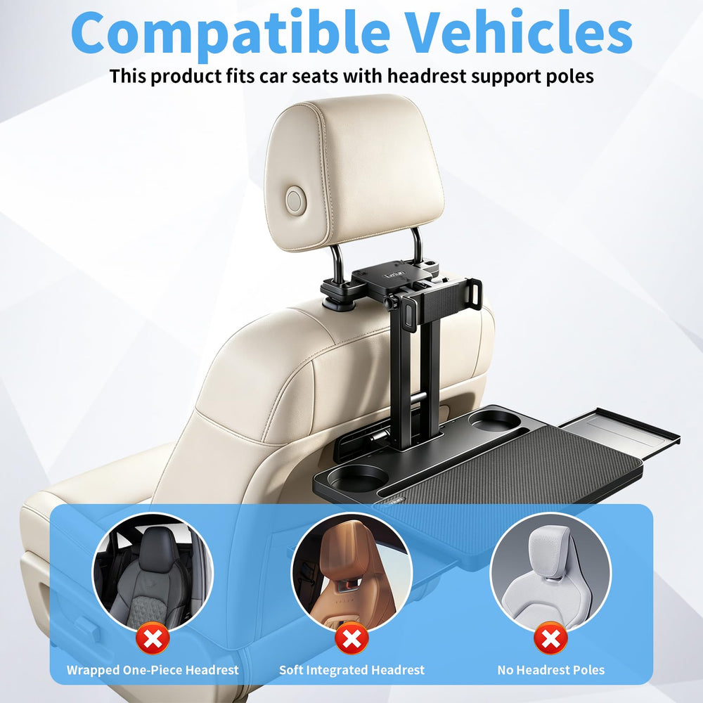 LXRIUN mounting hardware on headrest rods illustrating universal fit benefit