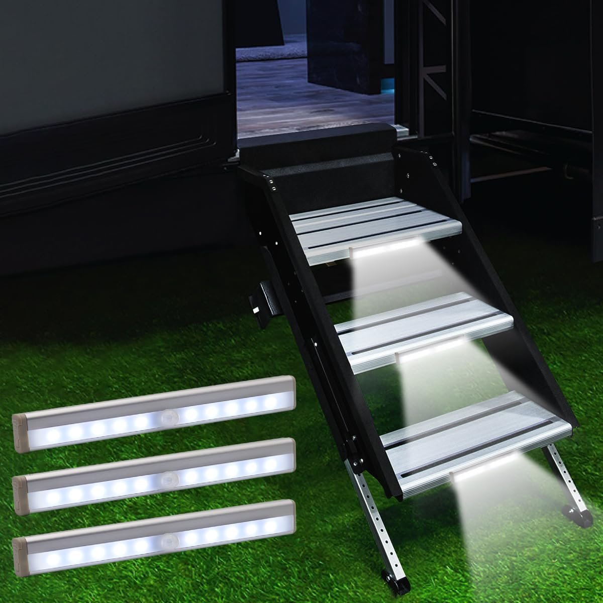 LYCARESUN 3-pack front view showing compact magnetic LED bars for safe entry