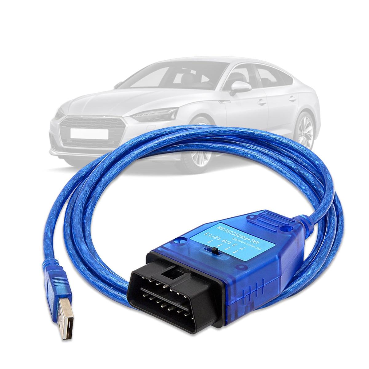 lydesor KKL 409 front OBD2 connector shown plugged into port, stable diagnostics