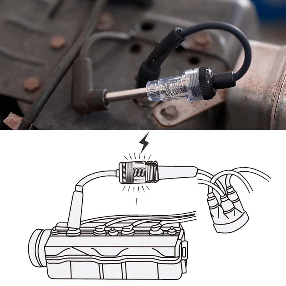 LYHLYA tester in use on a lawn mower engine for quick small-engine diagnostics