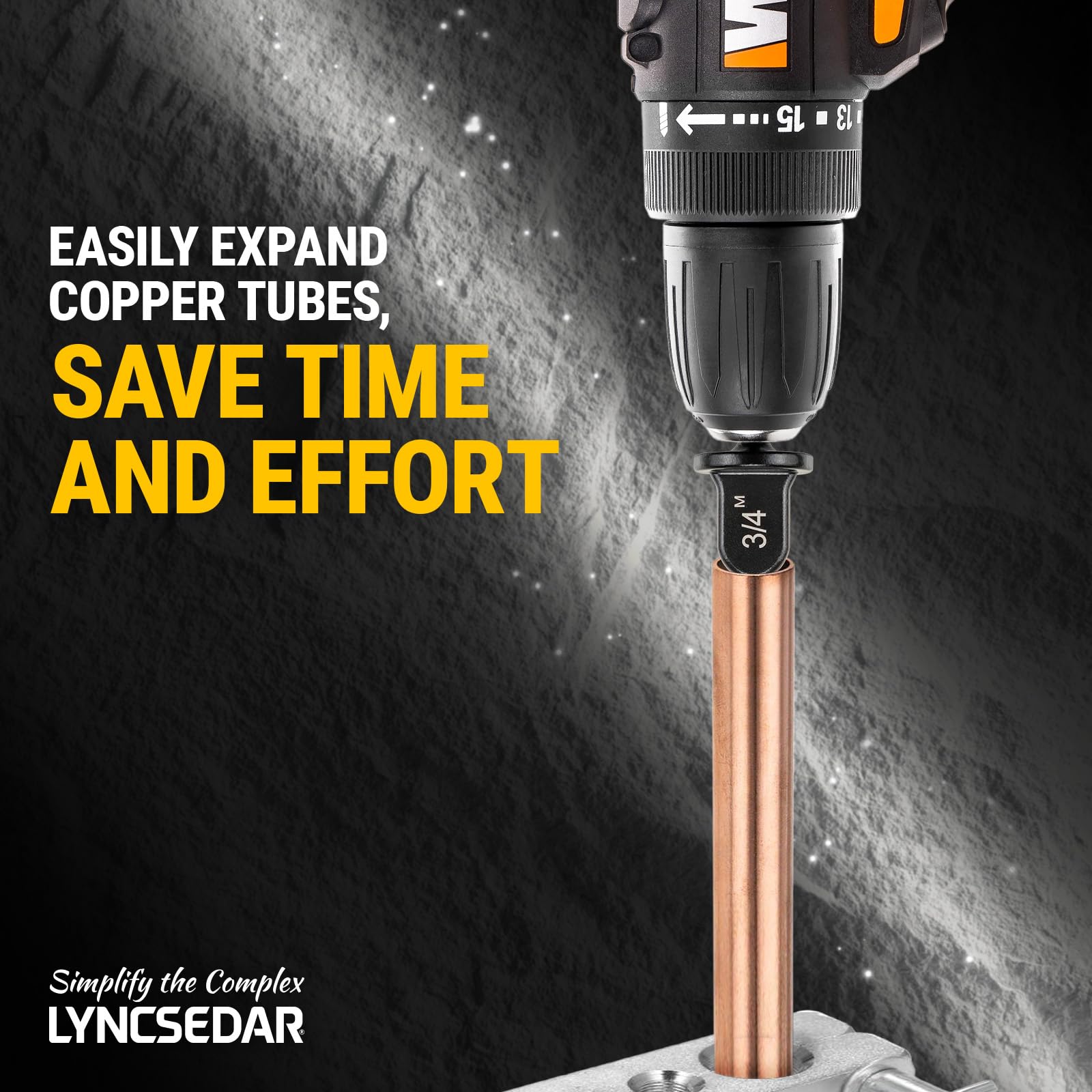 LYNCSEDAR in-use image of drill-driven swaging producing smooth tube expansion