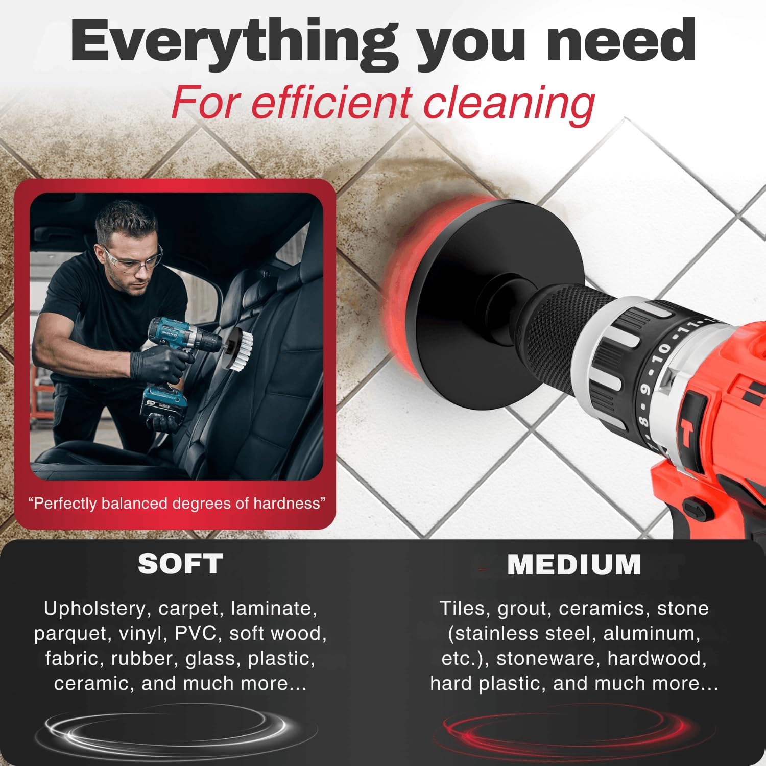 M&A QUALITY brushes attached to drill cleaning a grout seam, faster scrubbing benefit